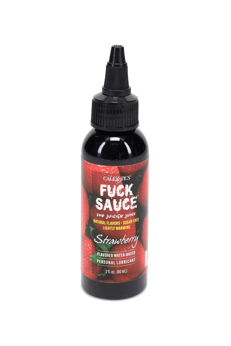 Strawberry “Fuck Sauce” flavored water-based lubricant, 2-oz bottle, sugar-free with natural flavors and gentle warming, retail photo.