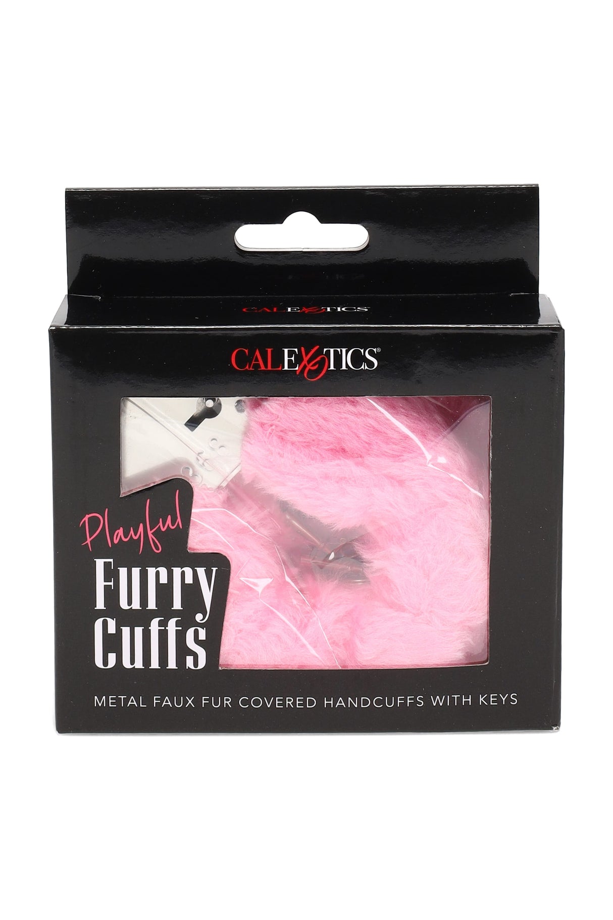 Retail box of Playful Furry Cuffs in pink, metal handcuffs covered in soft faux fur with keys; giftable black packaging.