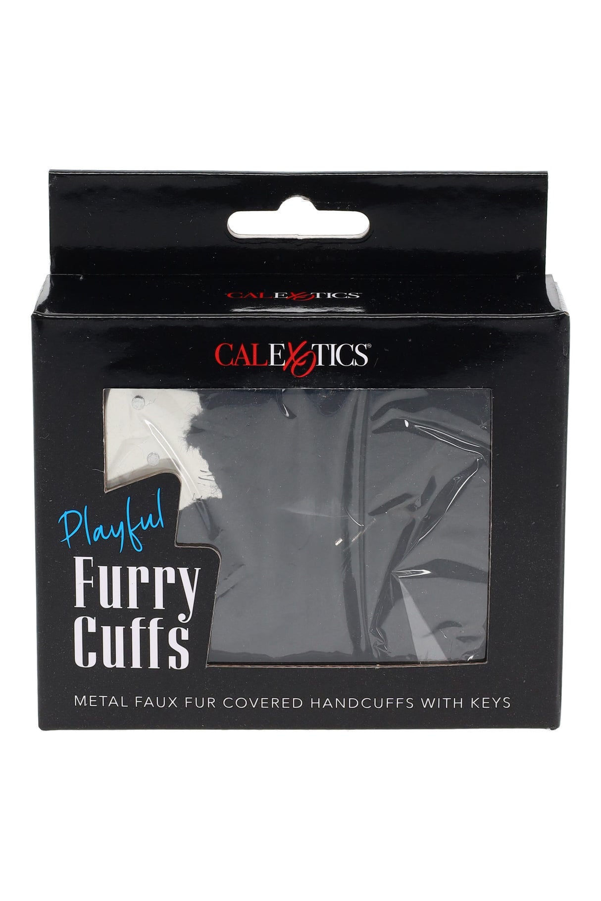 Boxed Playful Furry Cuffs in black, metal handcuffs with plush faux fur and included keys shown through window display packaging.