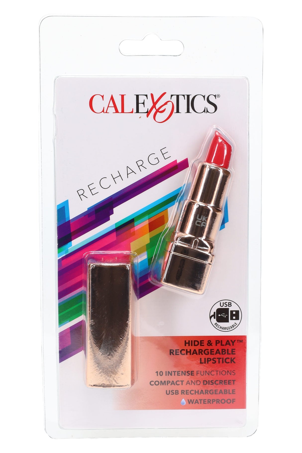 Discreet lipstick vibrator in metallic case with red angled tip in retail packaging; 10 functions, USB rechargeable, waterproof design for travel.