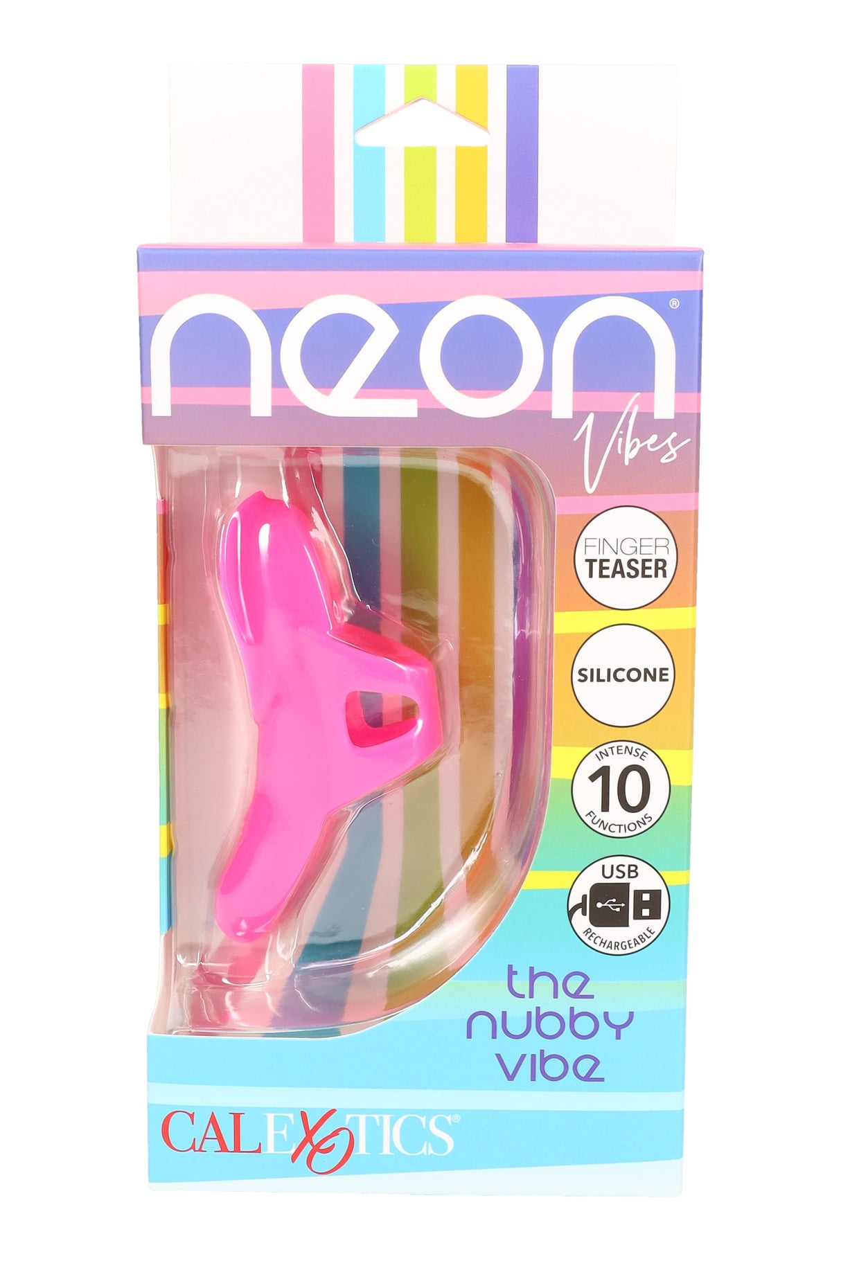 Neon Vibes “The Nubby Vibe” pink silicone finger vibrator in retail packaging with finger loop, 10 functions and USB rechargeable design.