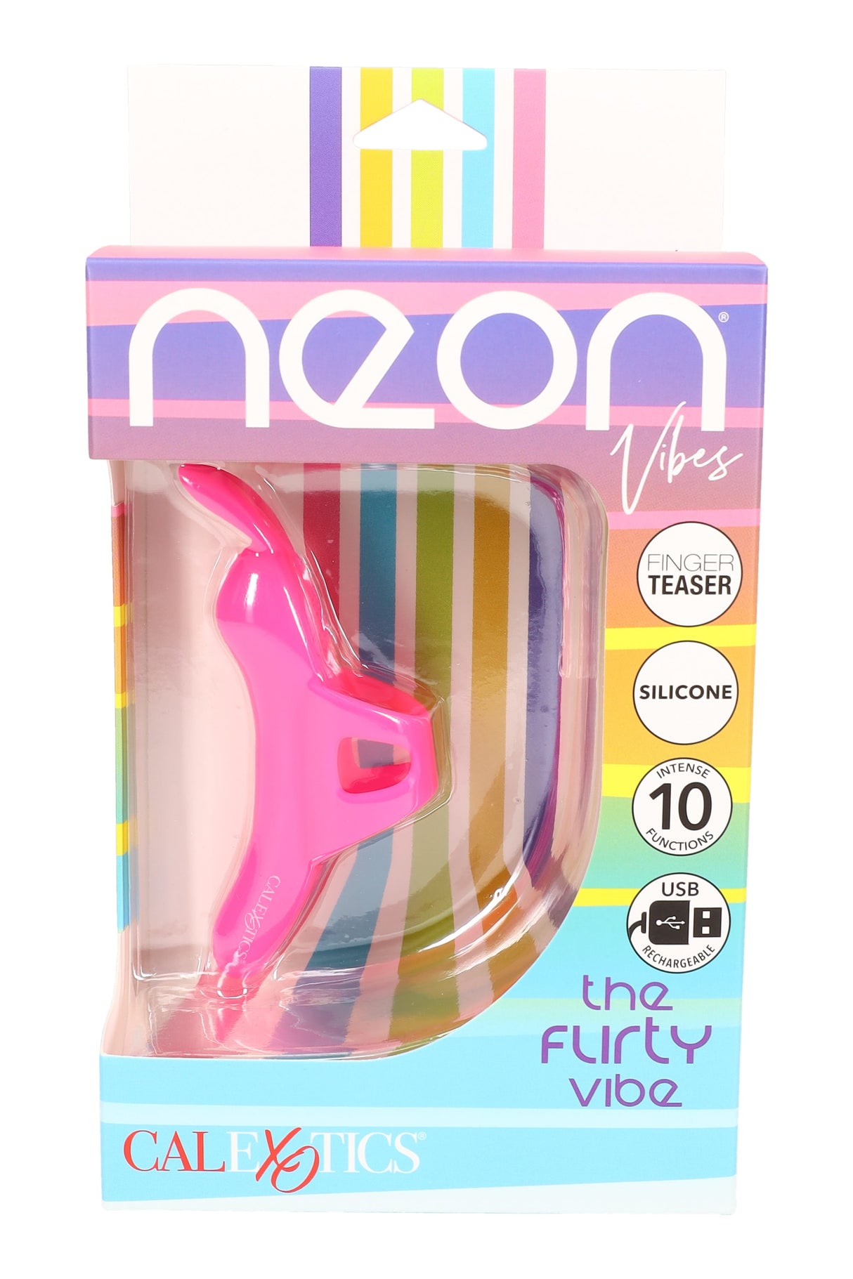 Neon Vibes “The Flirty Vibe” pink silicone finger vibrator in retail packaging with finger loop, 10 functions, and USB rechargeable icon.