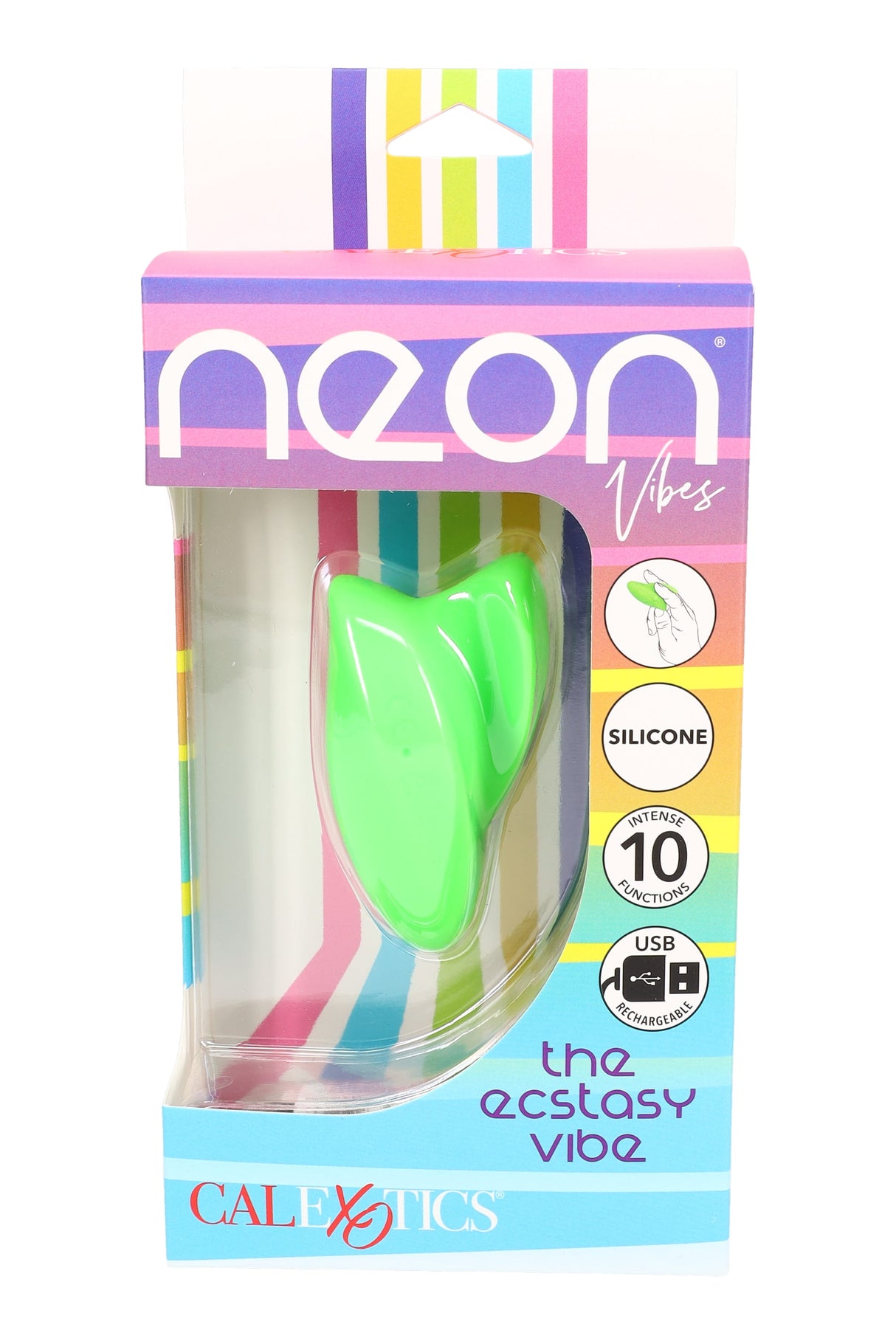 Neon Vibes “The Ecstasy Vibe” silicone palm vibrator in retail packaging; multi-use design with center tip, 10 functions and USB rechargeable icon.