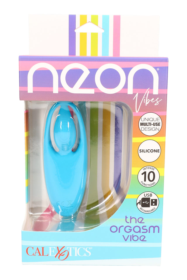 Neon Vibes “The Orgasm Vibe” blue silicone handheld vibrator in retail packaging; multi-use design with center tip, 10 functions, USB rechargeable.