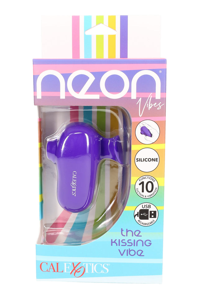 Neon Vibes The Kissing Vibe in purple silicone, clitoral suction vibrator with 10 functions and USB rechargeable design, shown in retail packaging.