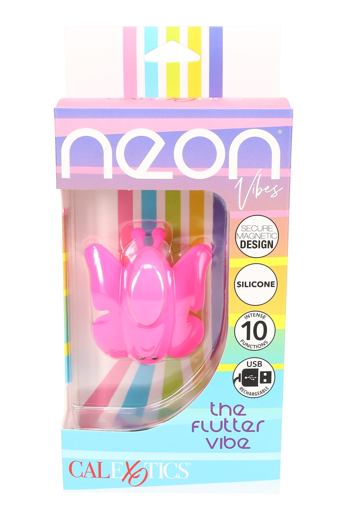 Neon Vibes “The Flutter Vibe” pink silicone butterfly vibrator in retail packaging with secure magnetic design, 10 functions, and USB rechargeable icon.
