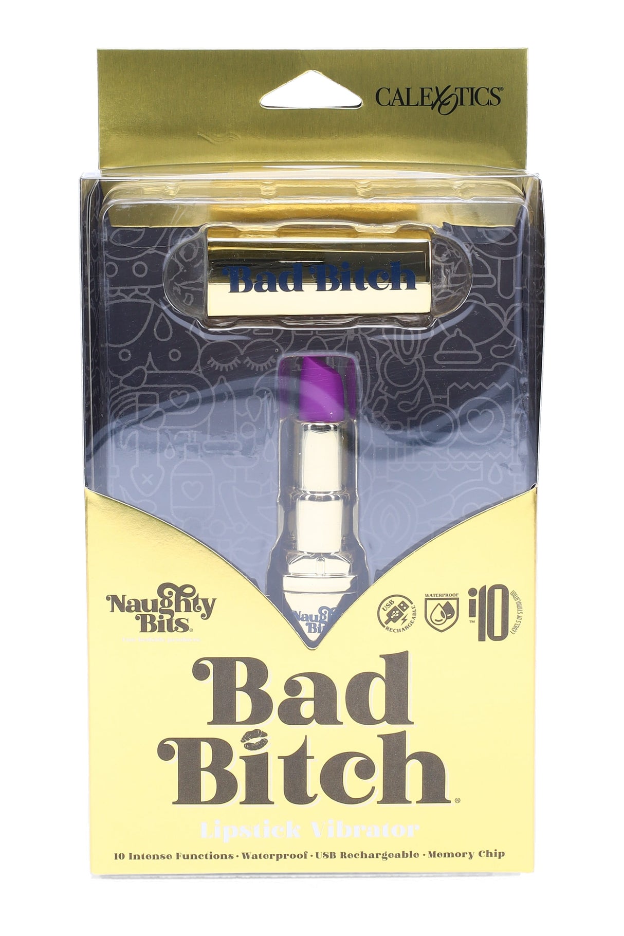 Naughty Bits “Bad Bitch” lipstick vibrator in gold case with purple angled tip; 10 functions, USB rechargeable and waterproof, shown in retail box.