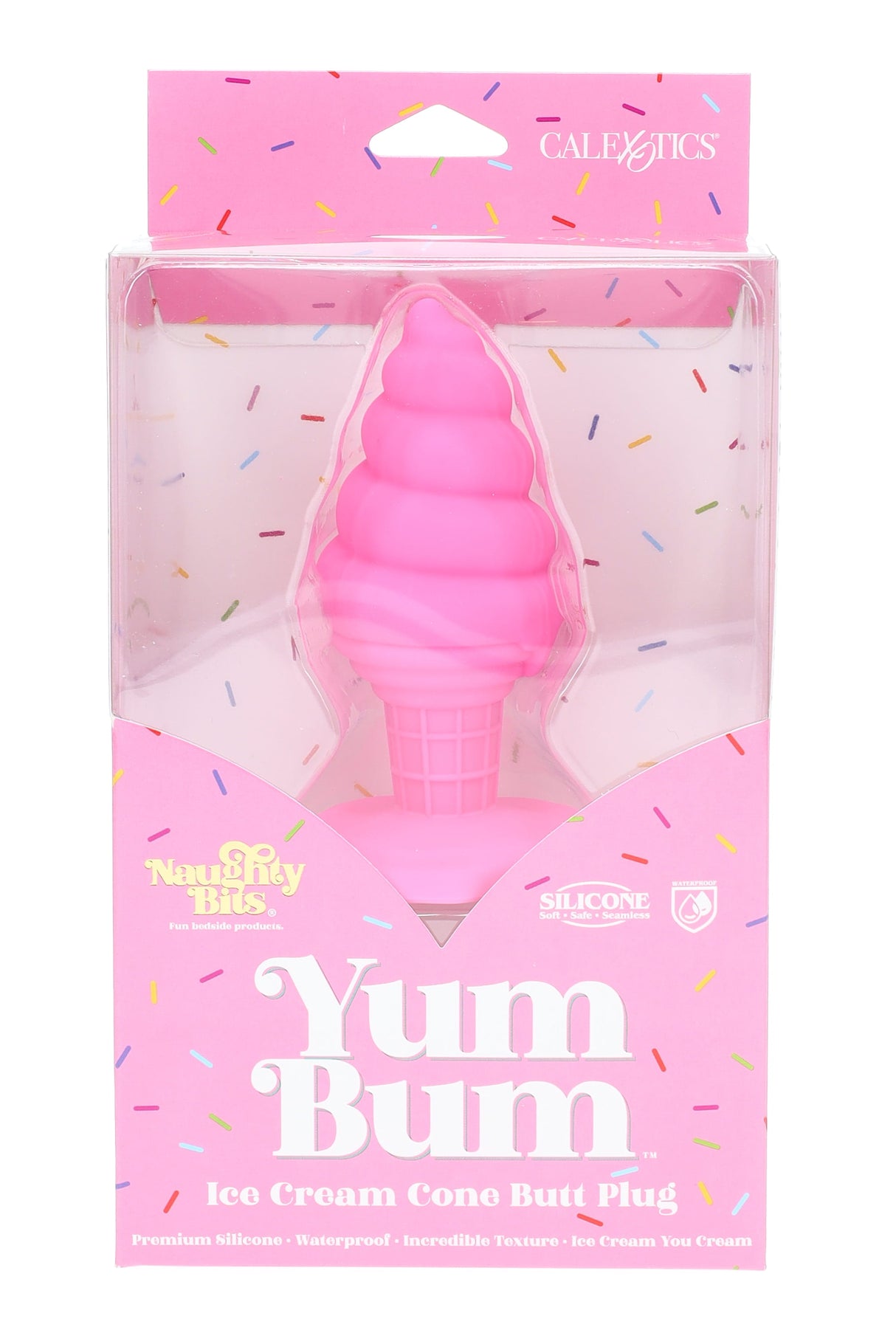 Pink Naughty Bits “Yum Bum” ice-cream-cone silicone butt plug with flared suction base, displayed in sprinkle-print retail box.