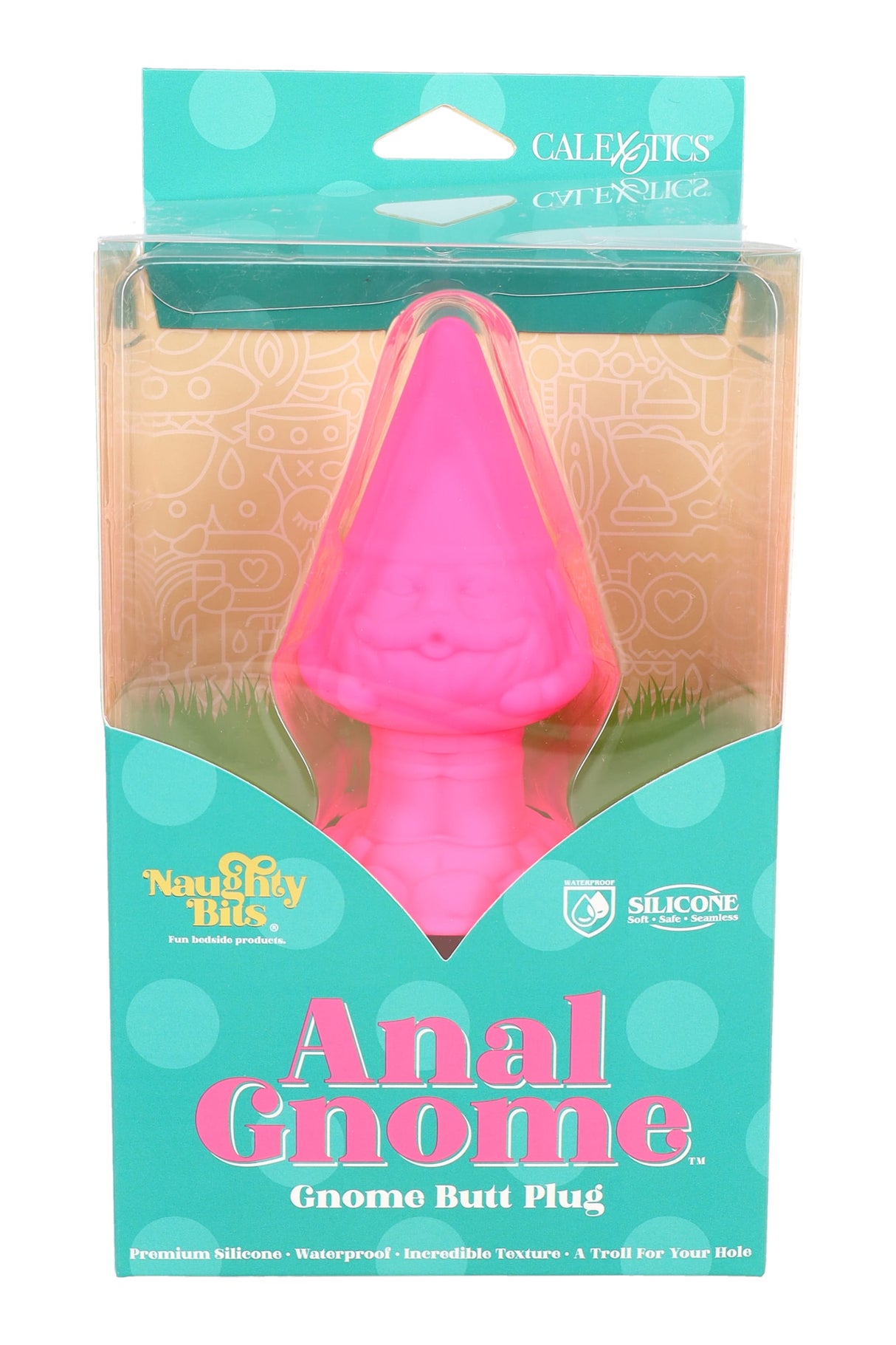 Teal Naughty Bits Anal Gnome retail box with hot pink silicone butt plug visible in clear blister window