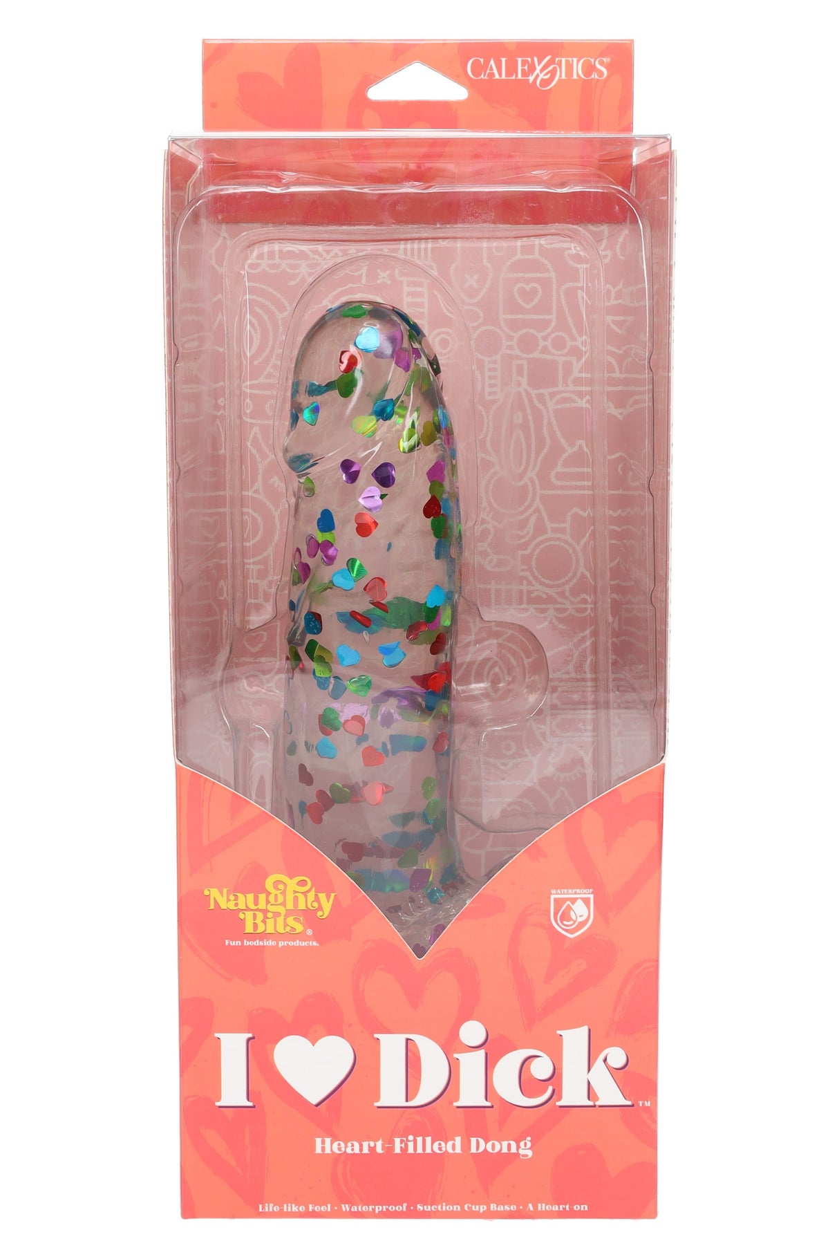 Naughty Bits “I ♥ Dick” heart-filled novelty dildo in retail box, clear front with colorful heart confetti look