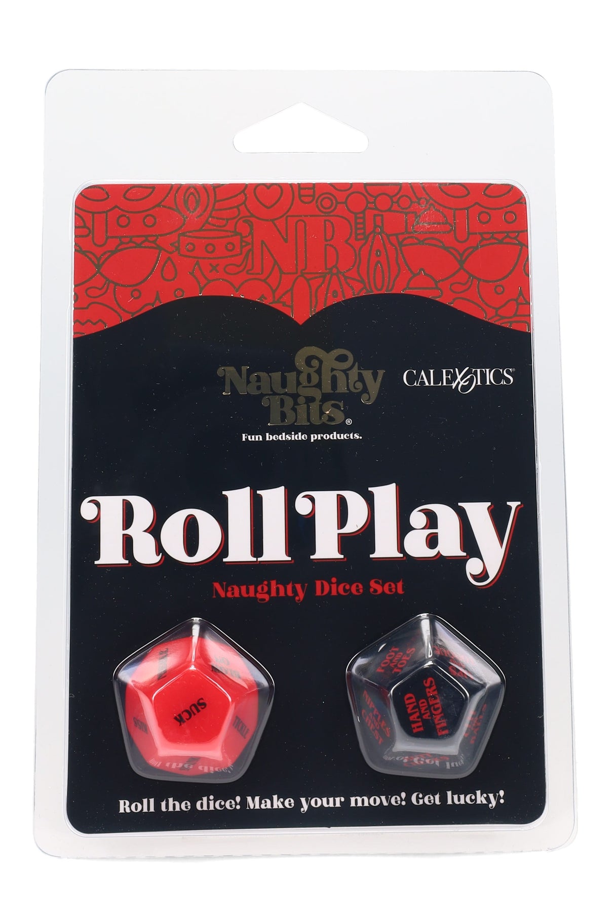 Retail card of Naughty Bits “Roll Play” naughty dice set featuring one red die and one black die with playful prompts for couples.
