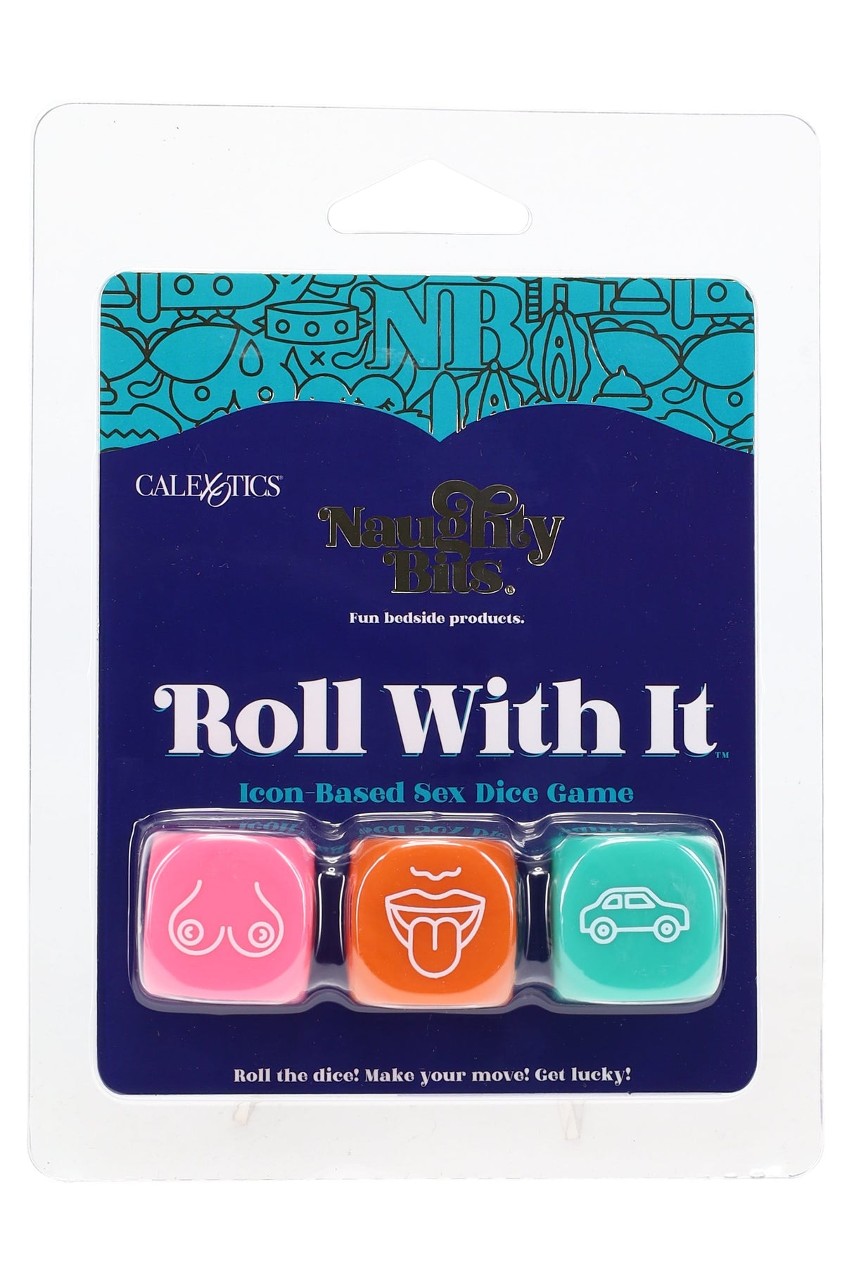 Naughty Bits Roll With It sex dice game blister pack with 3 acrylic dice in pink, orange, and teal