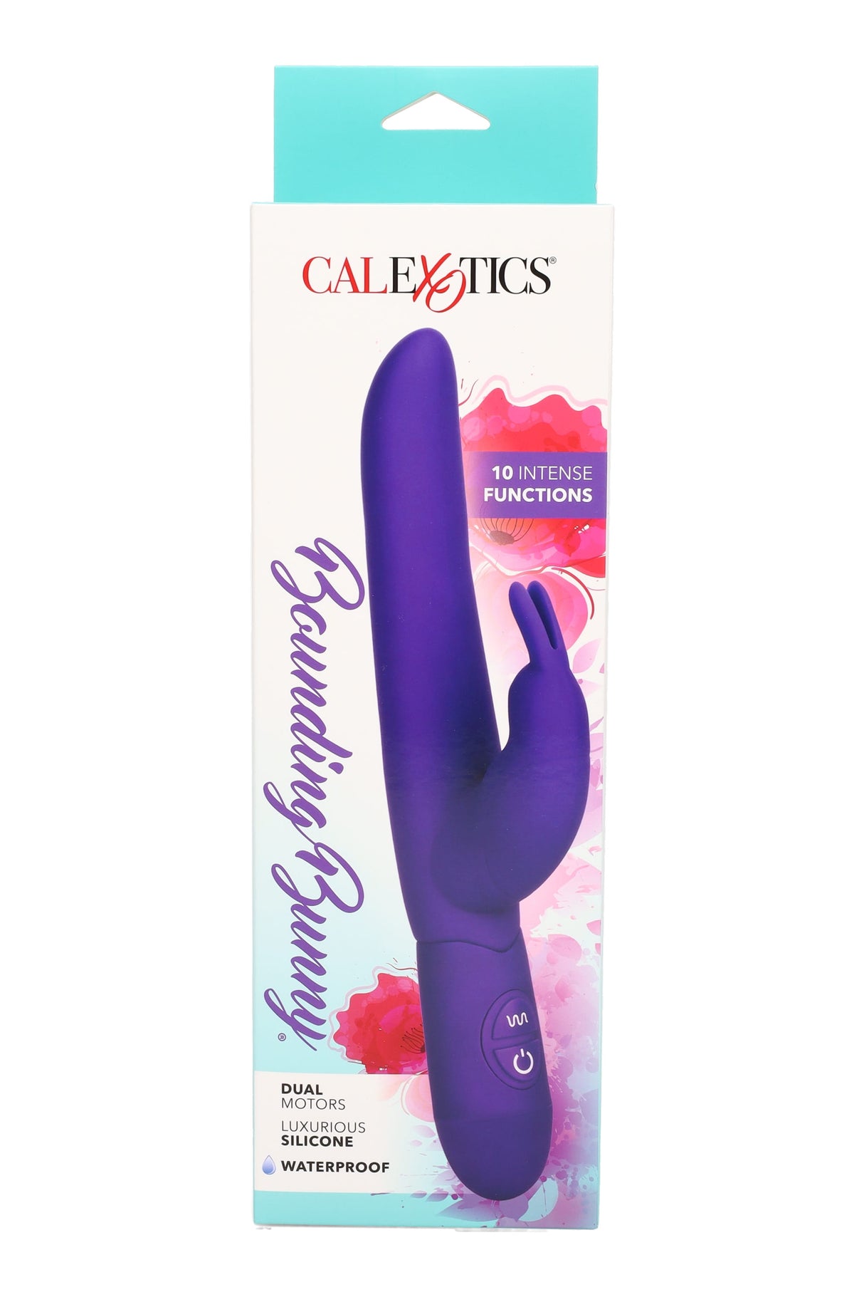 Purple Bounding Bunny silicone rabbit vibrator packaged for retail; dual motors, 10 functions, waterproof design with slim shaft and soft tickler.