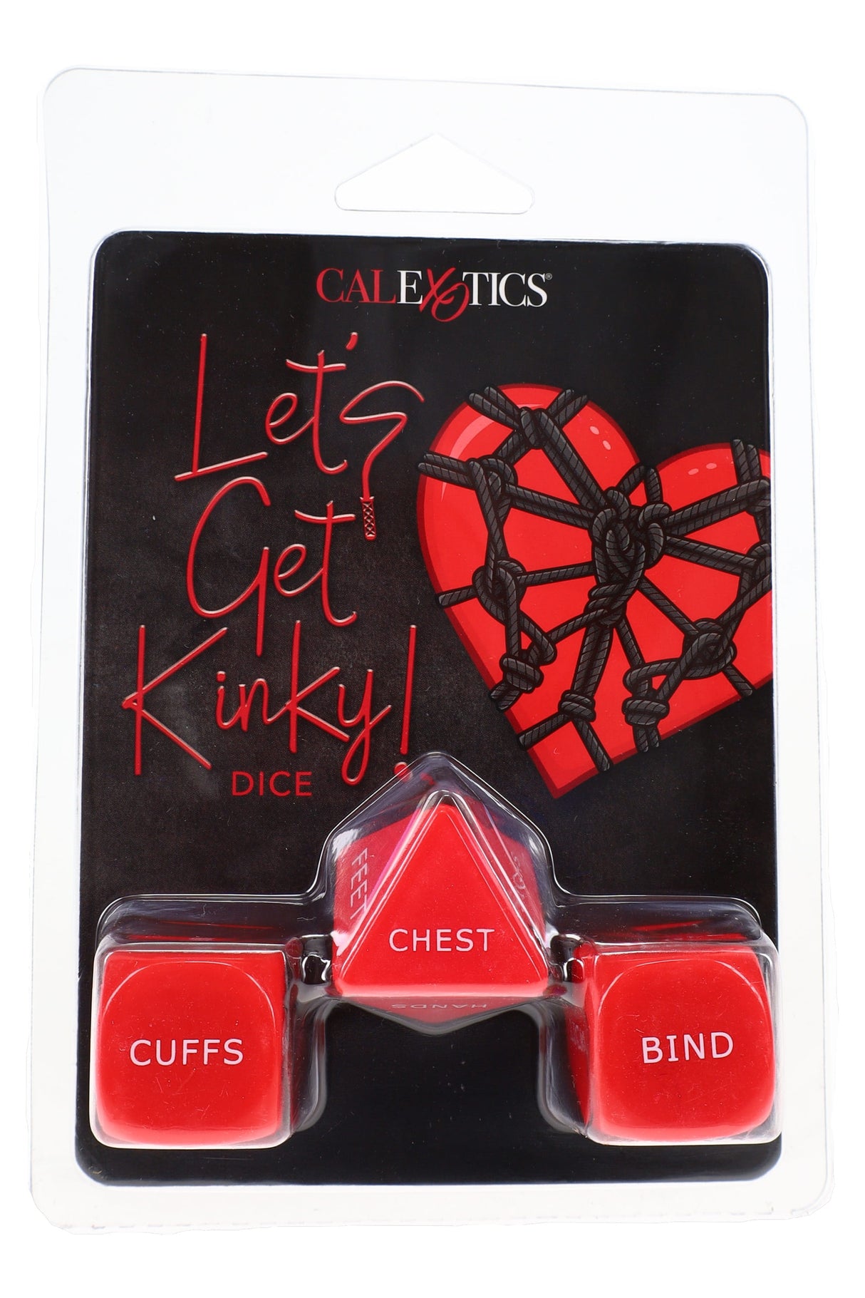 Let’s Get Kinky dice game blister pack with red acrylic dice on black card, compact adult party game