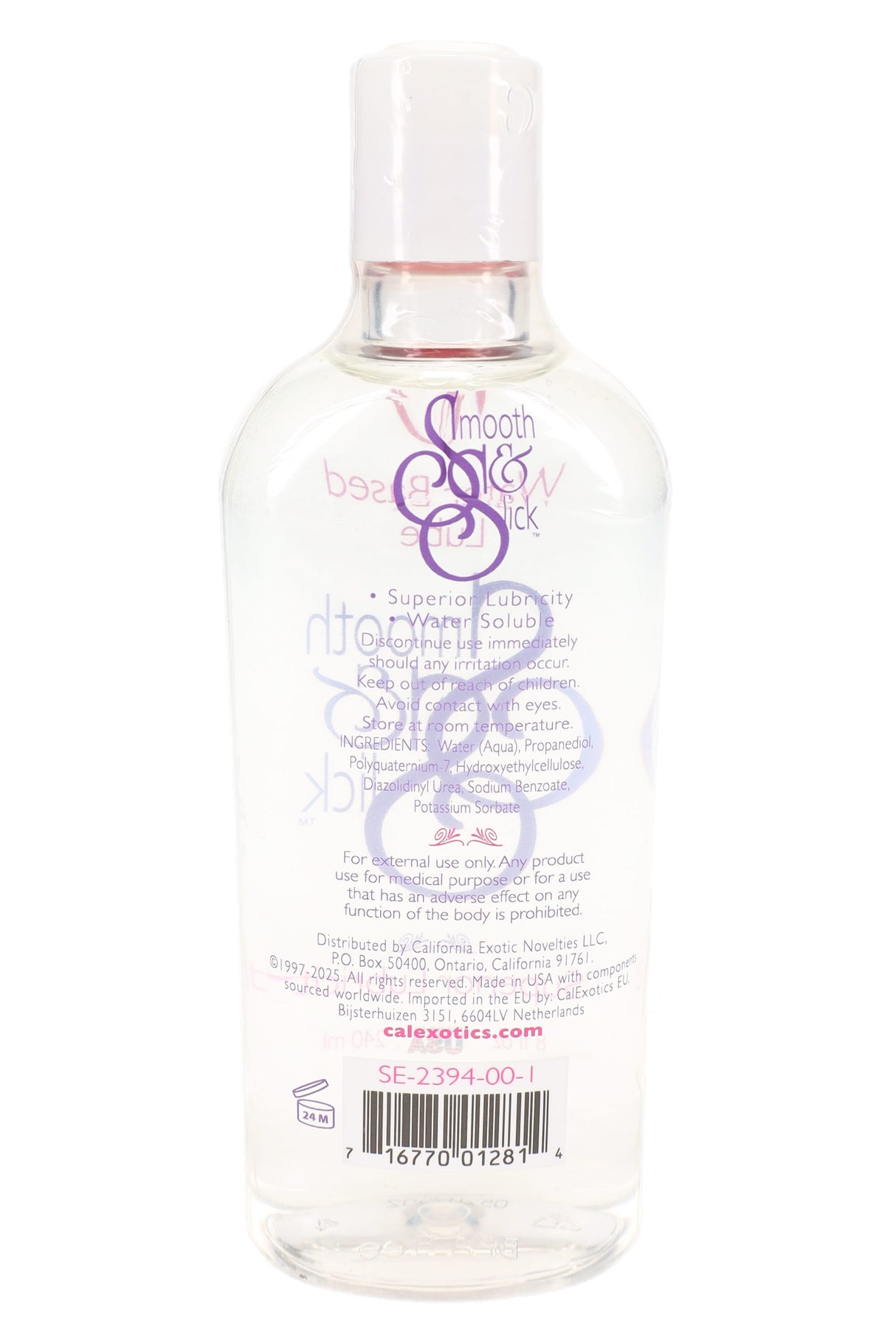 Smooth & Slick water-based lubricant bottle back label with ingredients and barcode, 8 fl oz clear bottle