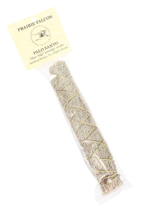 Prairie Falcon blue sage smudge stick in retail sleeve with “Palo Santo” card, hand-tied bundle for home fragrance.