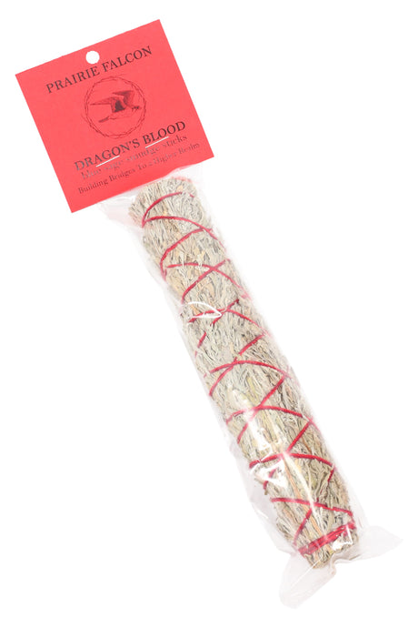 Prairie Falcon blue sage smudge stick in sleeve with red “Dragon’s Blood” header, hand-tied cleansing bundle.
