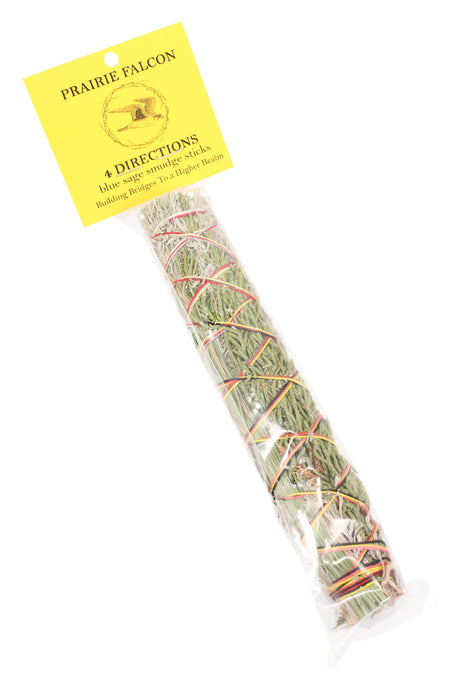 Prairie Falcon blue sage smudge stick labeled “4 Directions,” long bundle wrapped in multicolor cord for smudging.