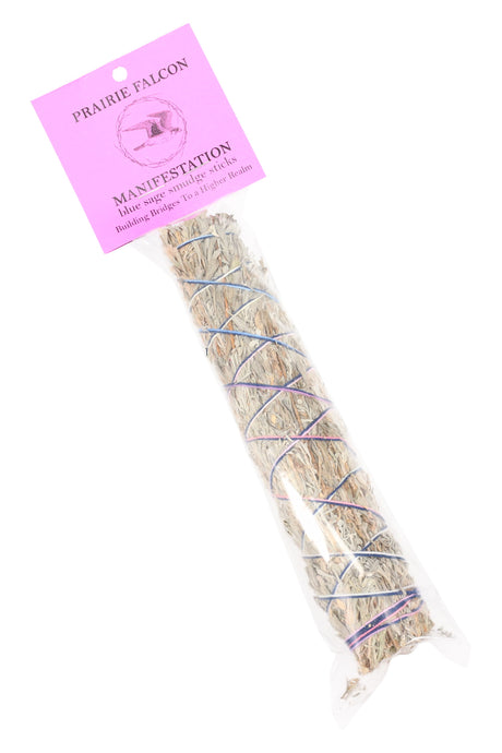 Prairie Falcon blue sage smudge stick labeled “Manifestation,” hand-tied, packaged for gifting or storage.