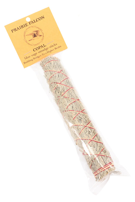 Prairie Falcon blue sage smudge stick labeled “Copal,” resin-accented bundle packaged in clear sleeve.