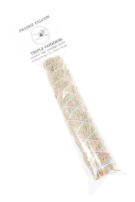 Prairie Falcon blue sage smudge stick labeled “Triple Goddess,” hand-tied, retail-ready fragrance bundle.