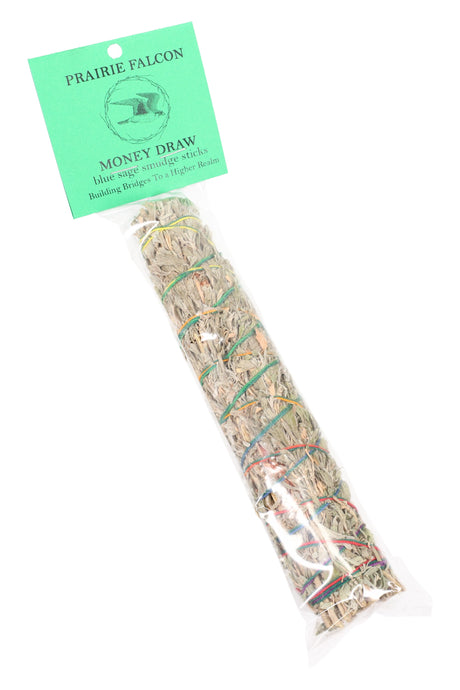 Prairie Falcon blue sage smudge stick labeled “Money Draw,” multicolor cord wrap, packaged for retail.