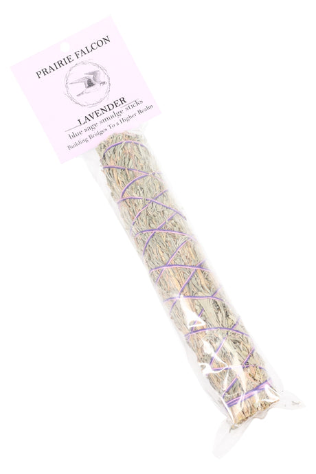 Prairie Falcon blue sage smudge stick labeled “Lavender,” purple-wrapped bundle in clear retail sleeve.