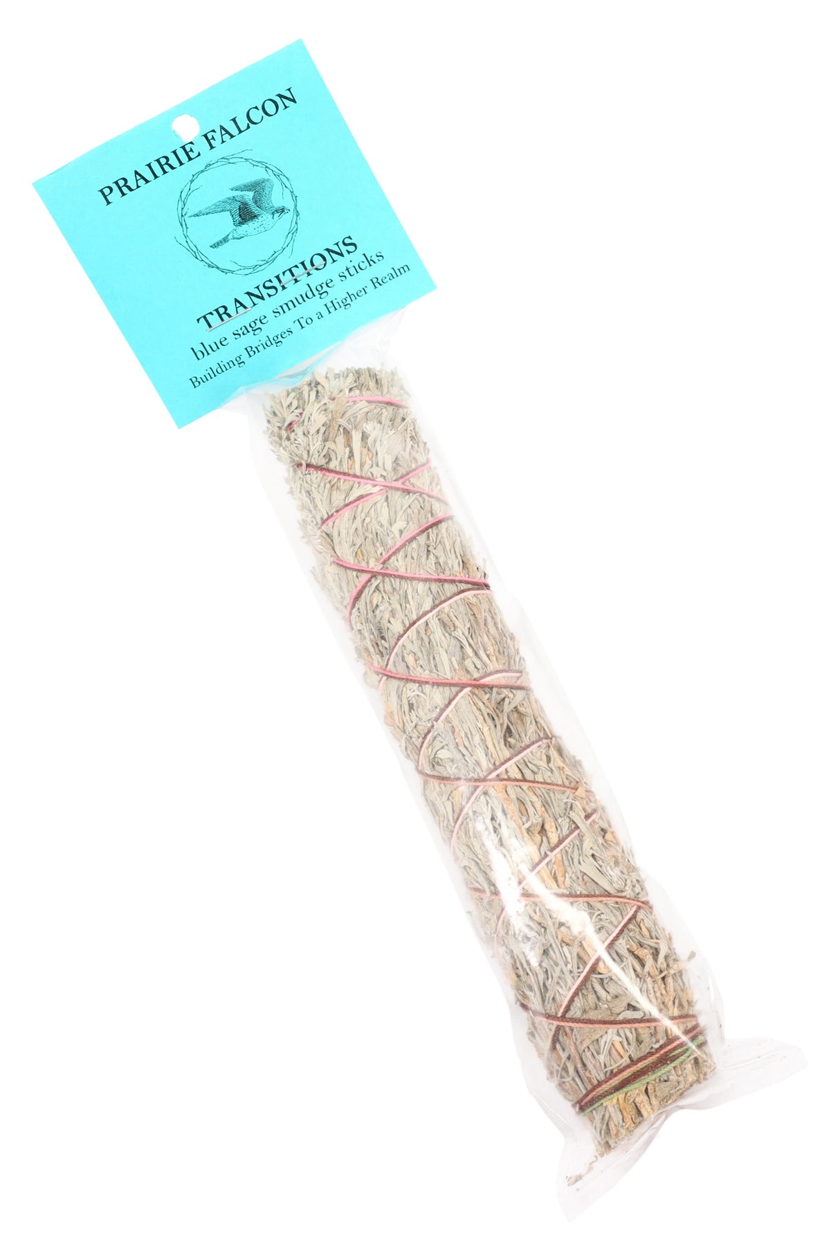 Prairie Falcon blue sage smudge stick labeled “Transitions,” pink-wrapped hand-tied bundle for smudging.