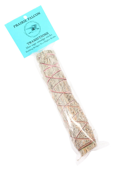 Prairie Falcon blue sage smudge stick labeled “Transitions,” pink-wrapped hand-tied bundle for smudging.