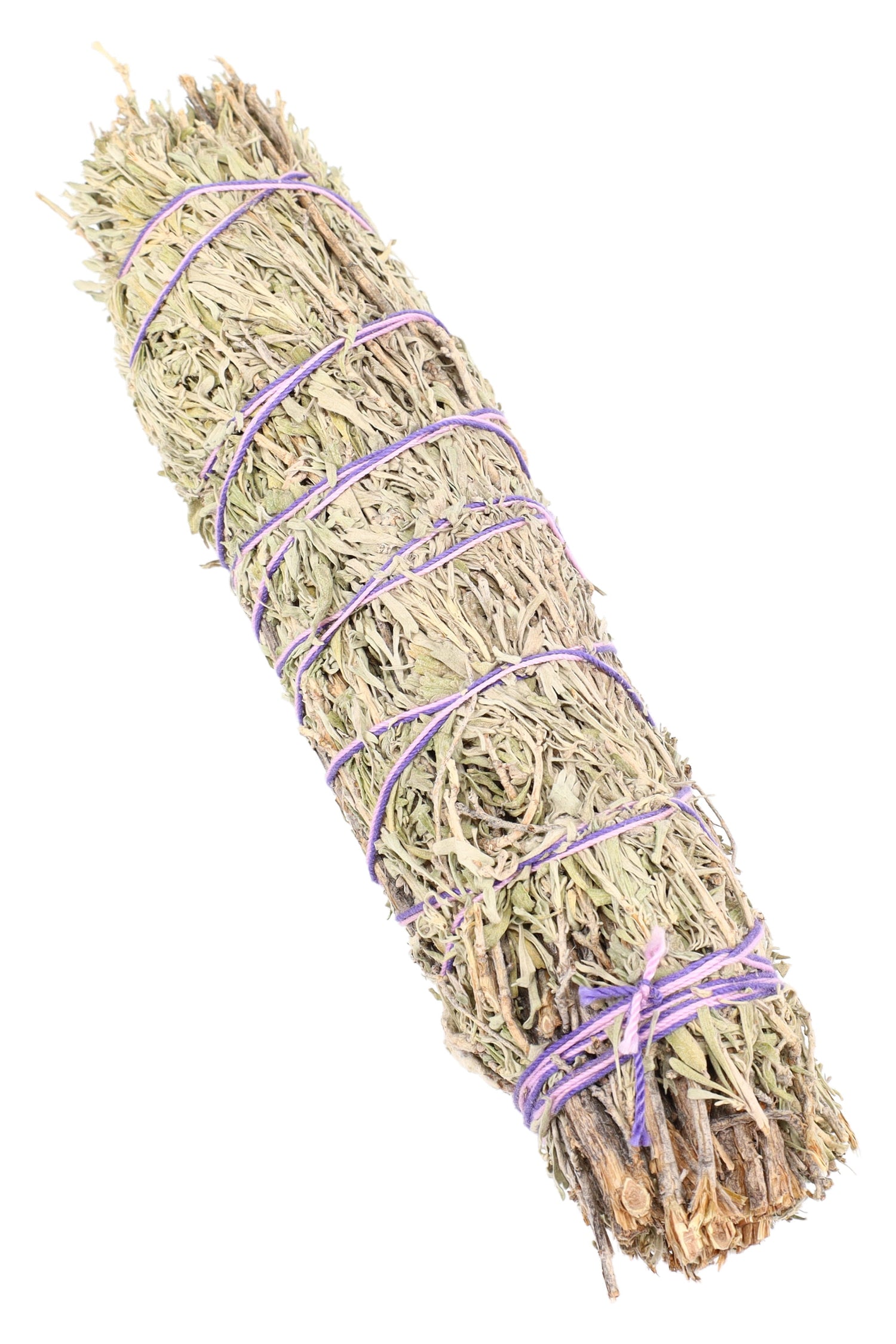 8″ thick blue sage smudge bundle wrapped in purple cord, dense herbal lavender roll designed for steady smoldering.