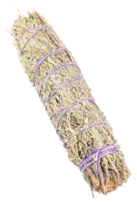 8″ thick blue sage smudge bundle wrapped in purple cord, dense herbal lavender roll designed for steady smoldering.