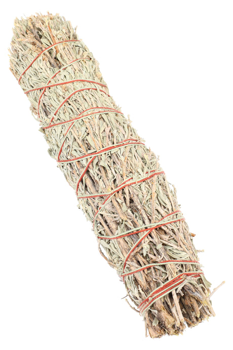 Extra-thick blue sage smudge stick with red wrap, close-up showing compacted palo santo leaves and stems for slow burn.