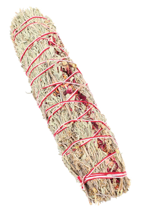 Blue sage bundle accented with red wrap and visible rose botanicals, dense 8″ roll for long-lasting fragrance sessions.