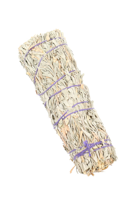 Compact 4″ blue sage smudge bundle tied with purple cord, tightly packed leaves for steady home-fragrance smolder.