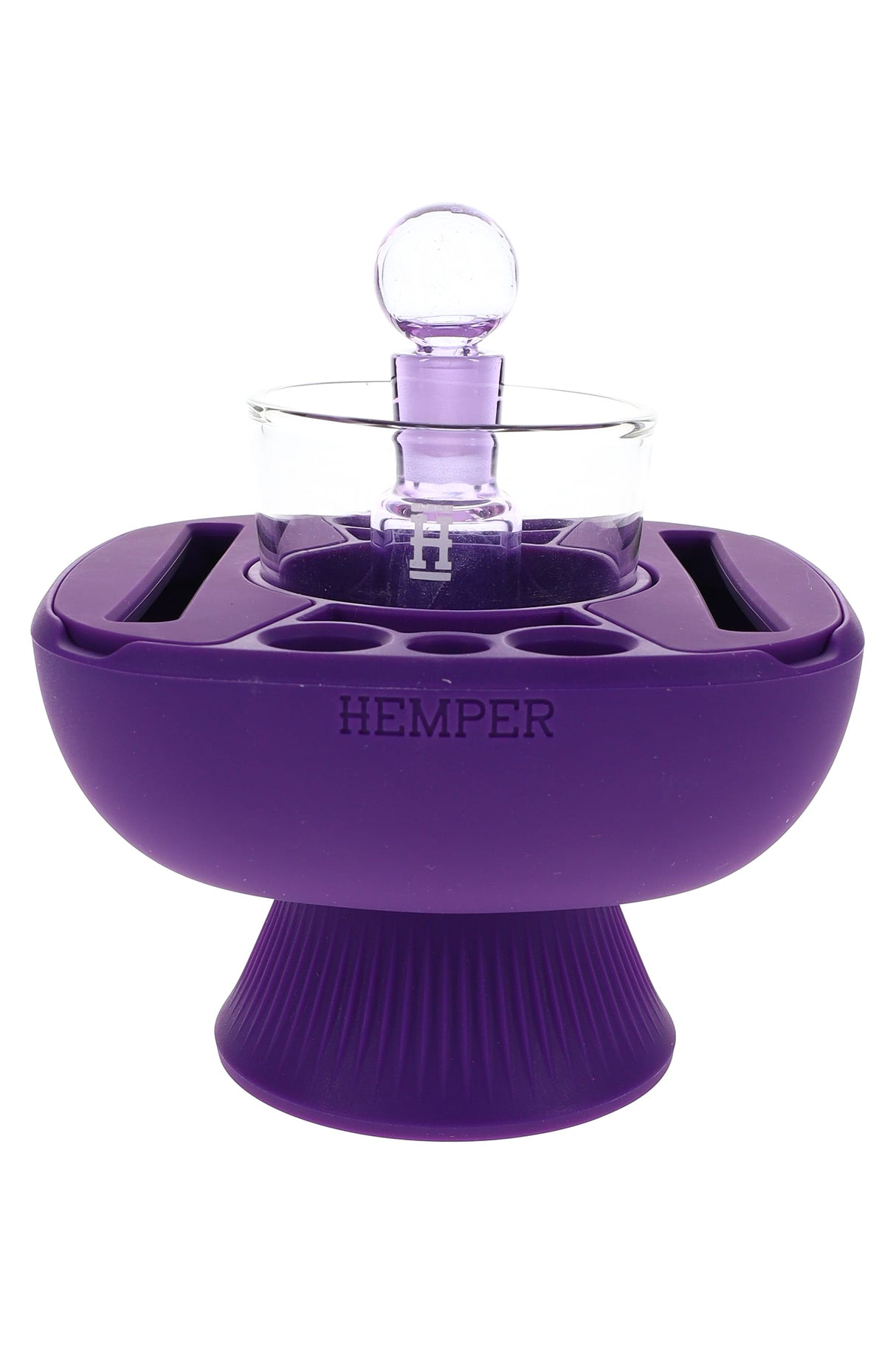 Purple Hemper IsoPlex concentrate station with matching carb cap and glass reservoir sitting on flared pedestal silicone base.