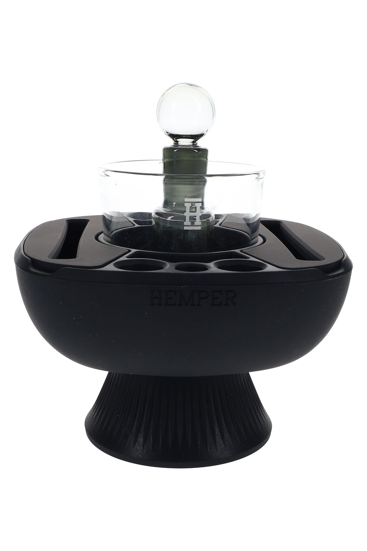 Black Hemper IsoPlex cleaning station with clear glass ISO cup and smoky carb cap set into heat-resistant silicone organizer.