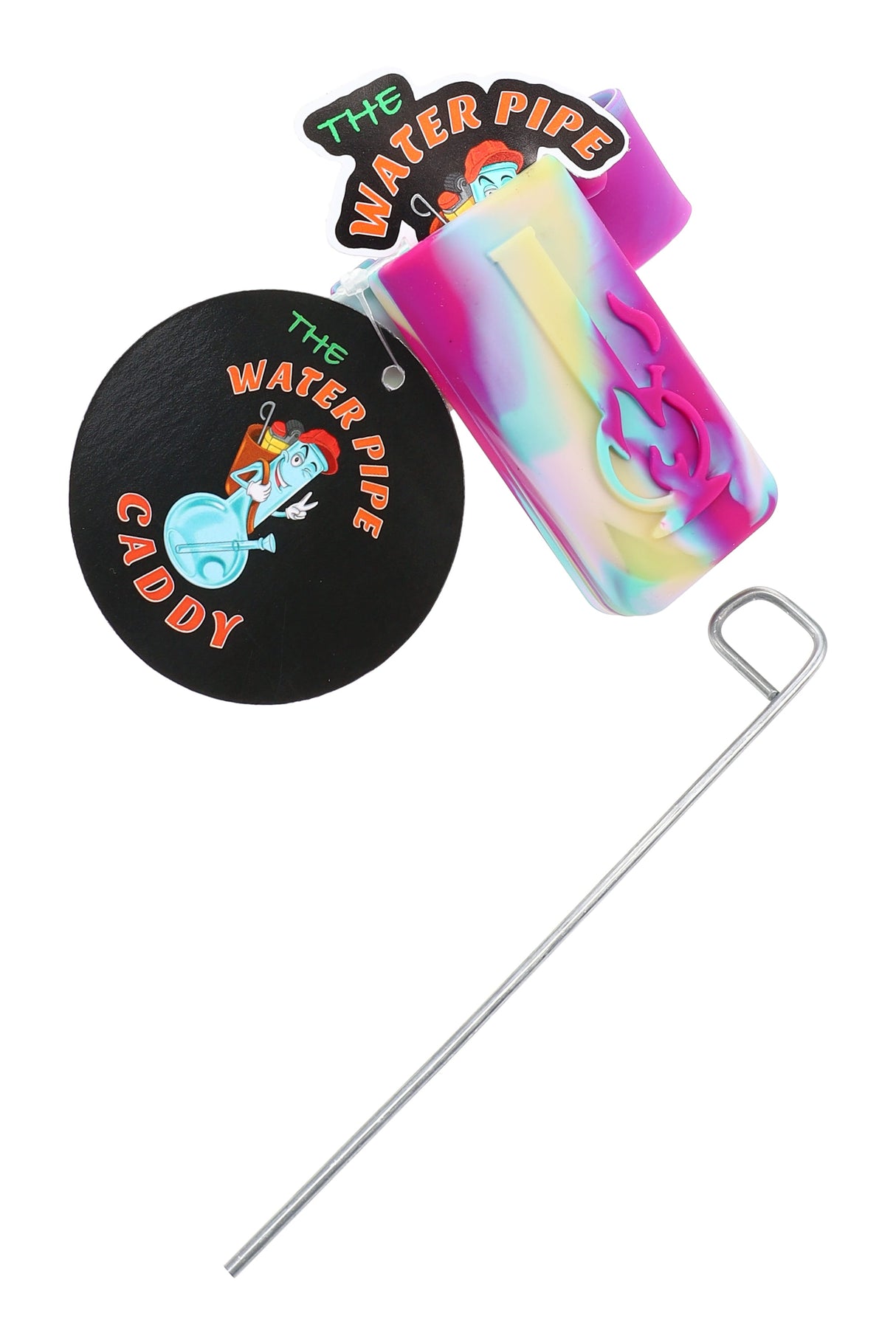 Multicolor silicone water pipe caddy with embossed bong logo and included metal poker tool laid out on white background.