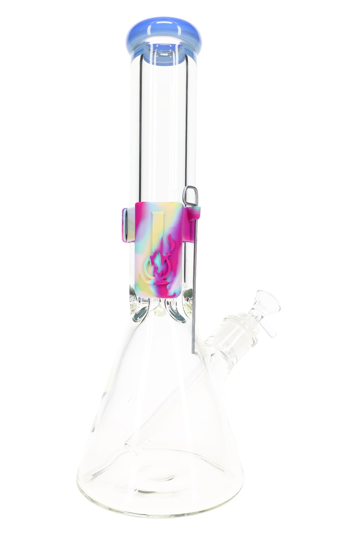 Clear beaker bong with multicolor silicone water pipe caddy on the neck and a straight metal poker tool hanging beside it.