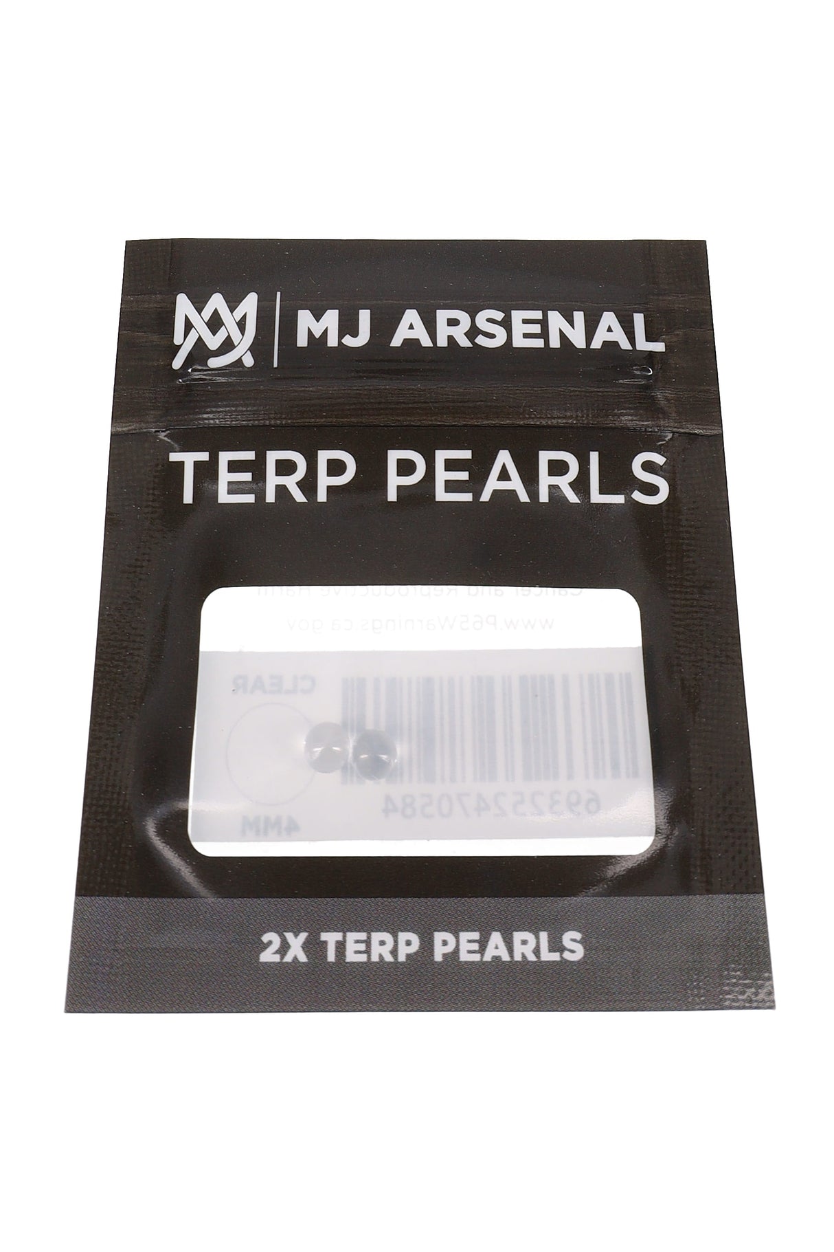 MJ Arsenal clear 4 mm terp pearls in black retail pouch, shown in front packaging view