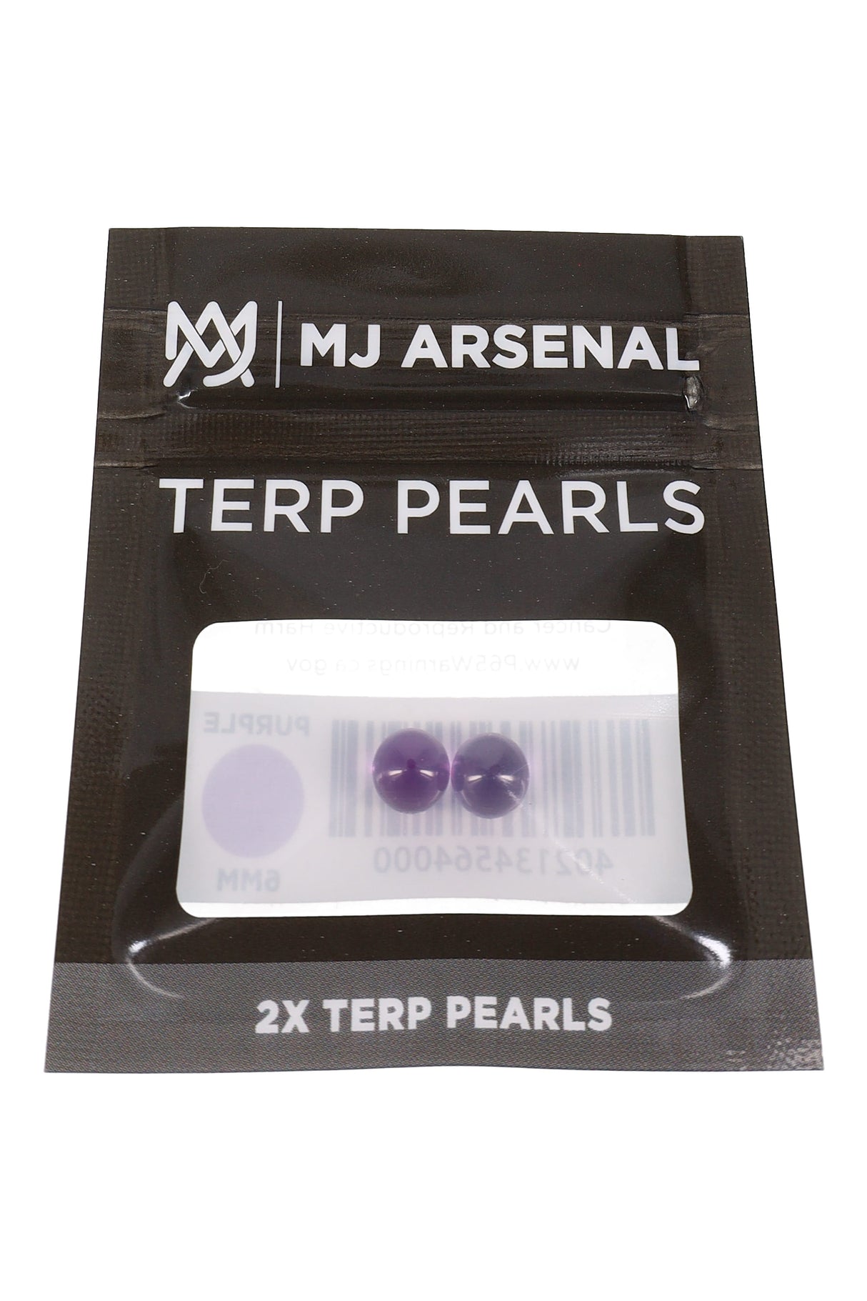 MJ Arsenal purple 6 mm terp pearls in black retail pouch, shown in front packaging view