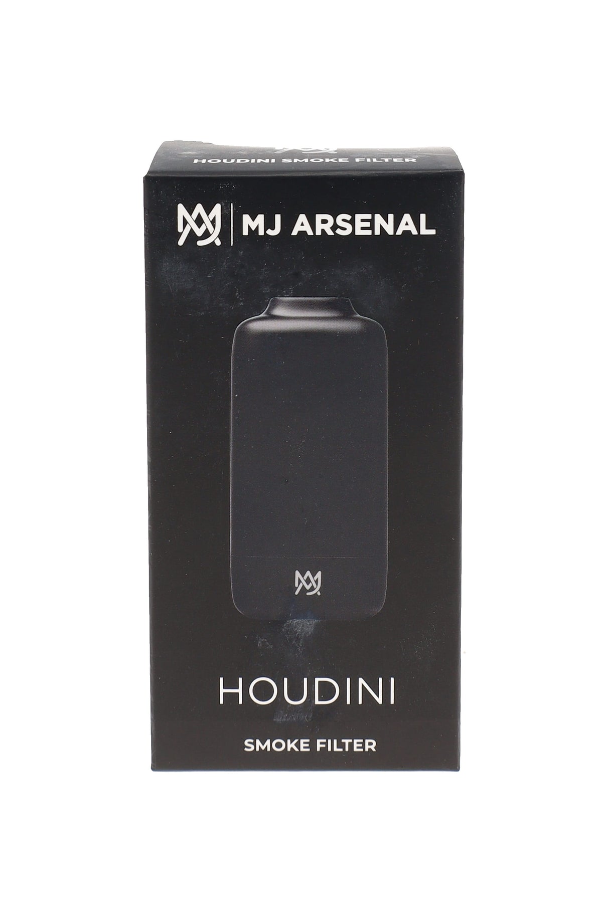 MJ Arsenal Houdini smoke filter in onyx black with retail packaging shown in front-facing product view