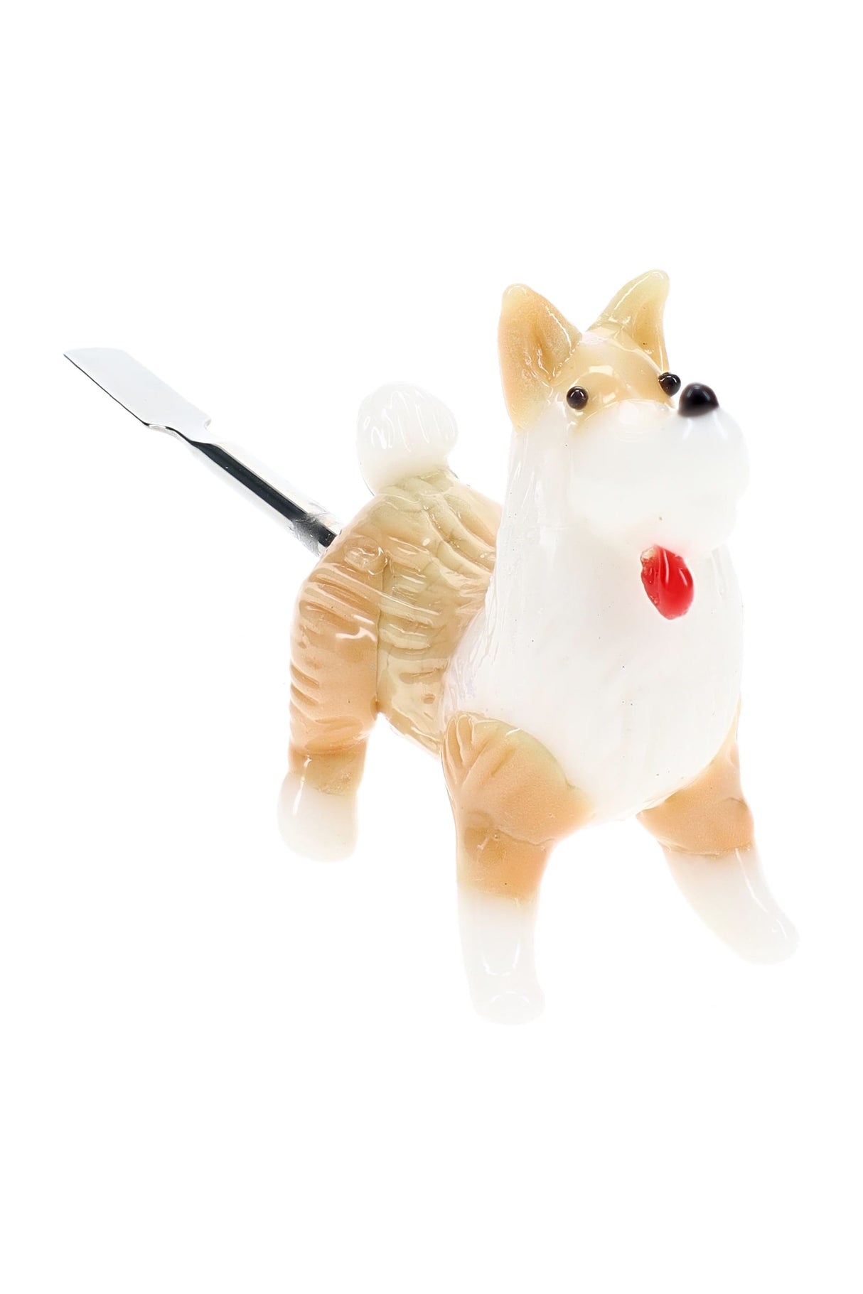 Empire Glassworks Corgi dabber side profile with tan glass dog body and slim tool tip