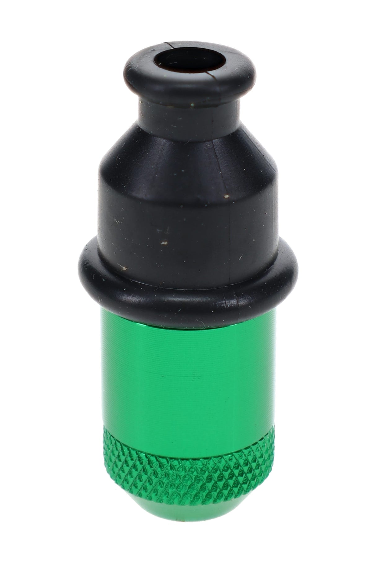 Green Sneak-A-Toke metal hand pipe with black rubber mouthpiece shown in close-up view