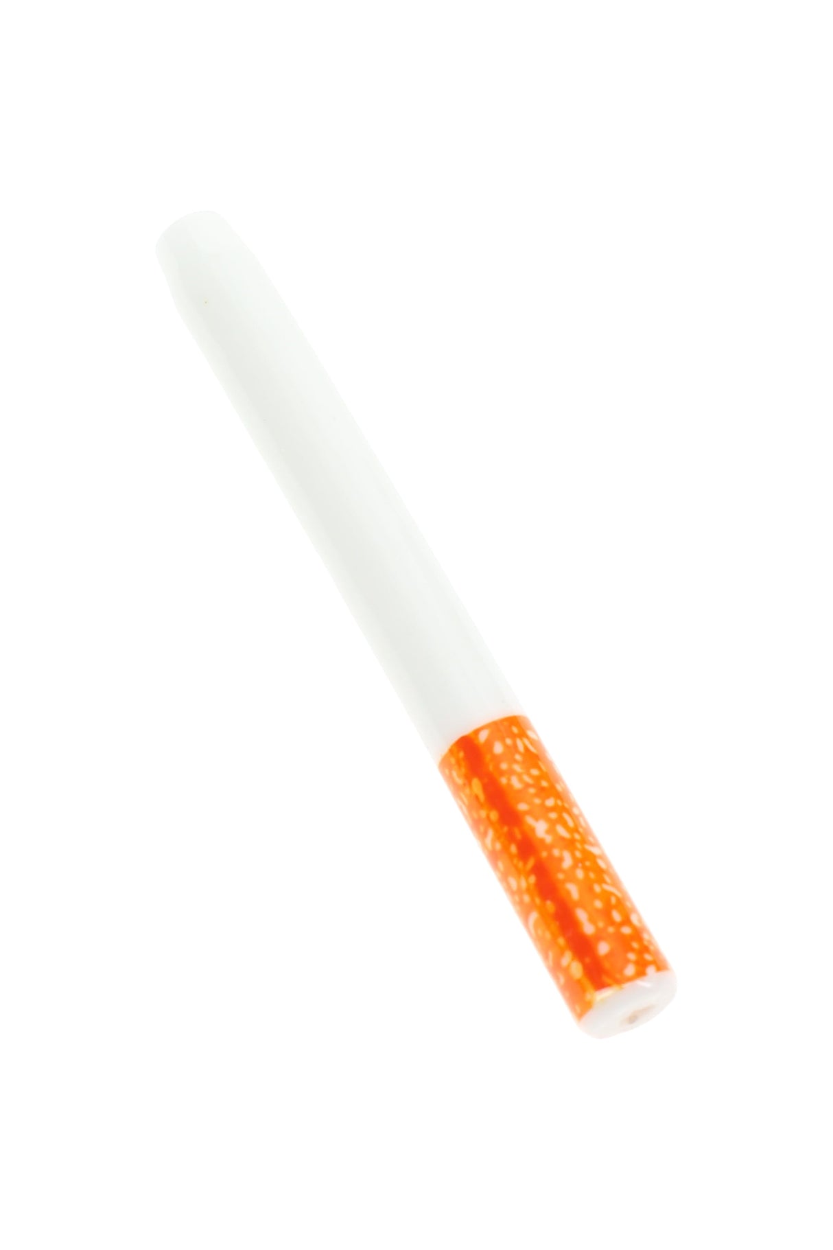 Ceramic one-hitter bat with orange speckled filter end and white body shown in rear angled view