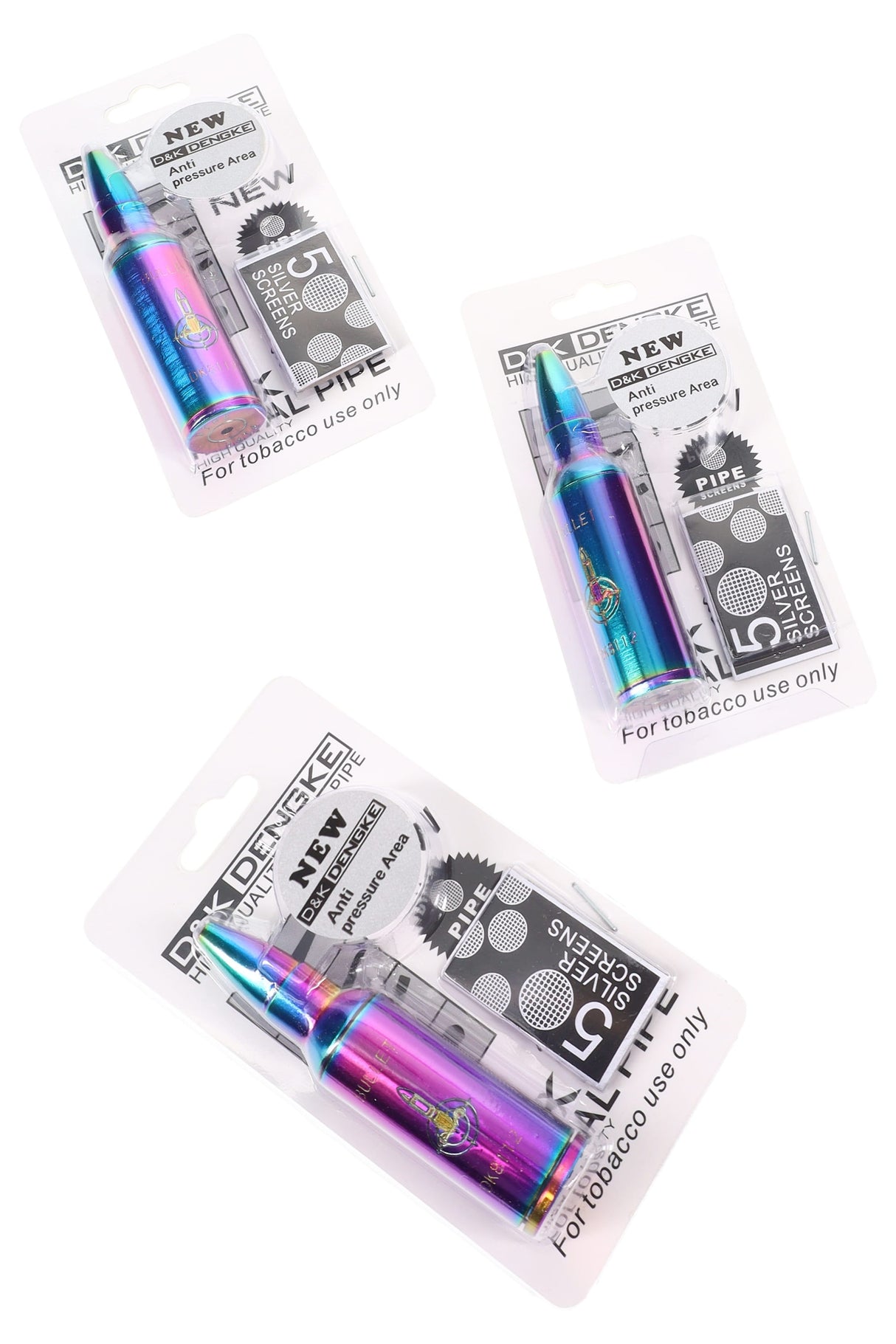 Three rainbow bullet-style metal hand pipes in retail blister packs with five silver screens included, compact pocket pipe.