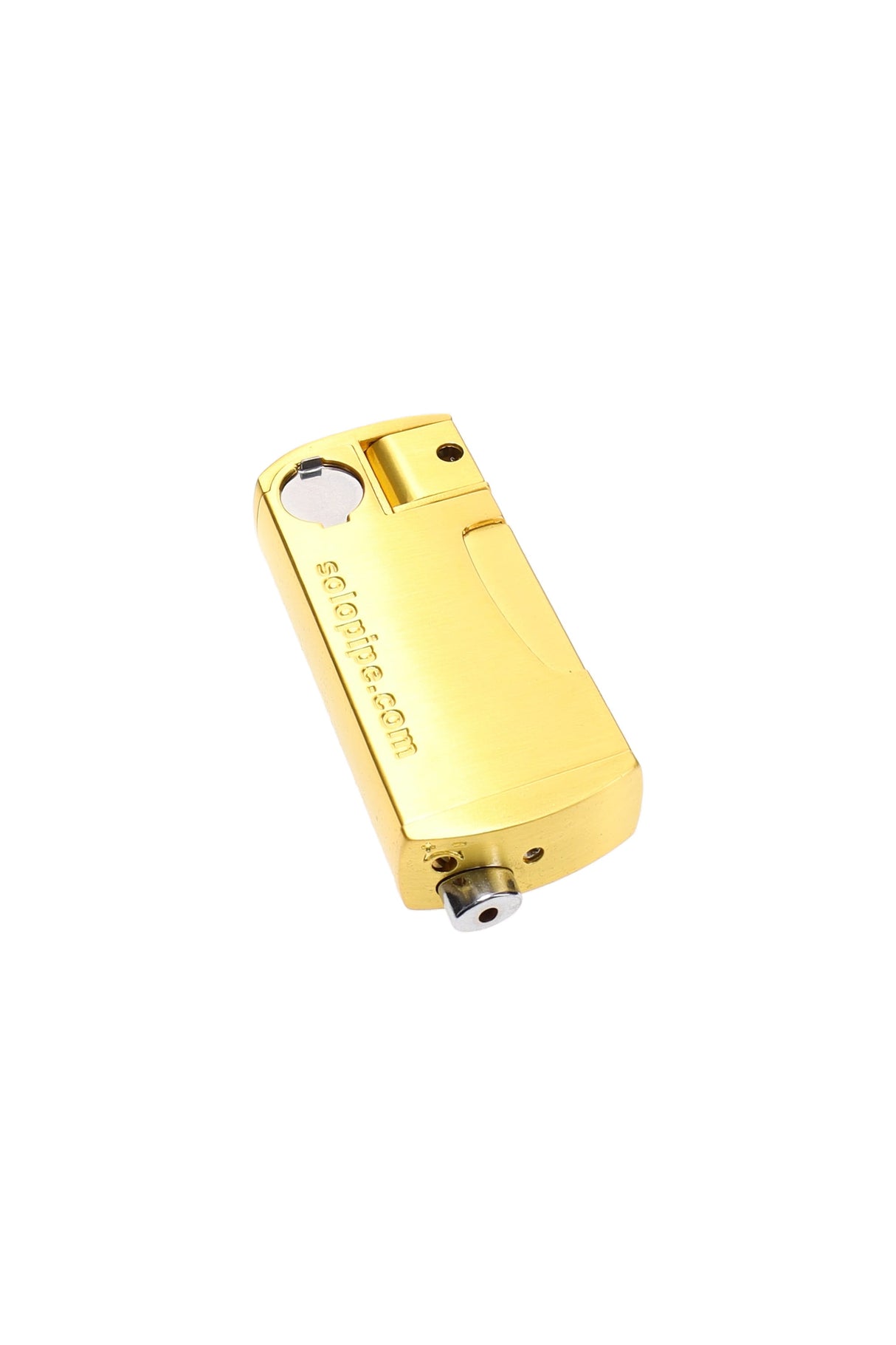 Gold Solopipe original self-lighting pipe, pocket-size metal body with sliding bowl cover and built-in lighter, angled view.