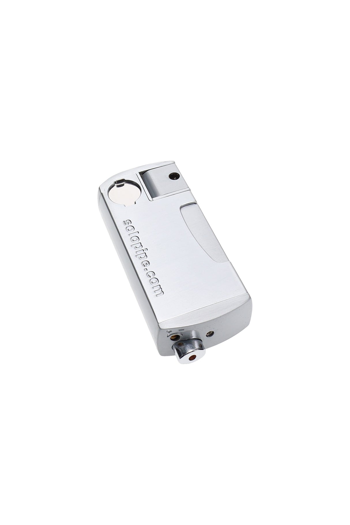 Chrome Solopipe original self-igniting pipe, integrated lighter and glass bowl insert, compact rectangular shape.