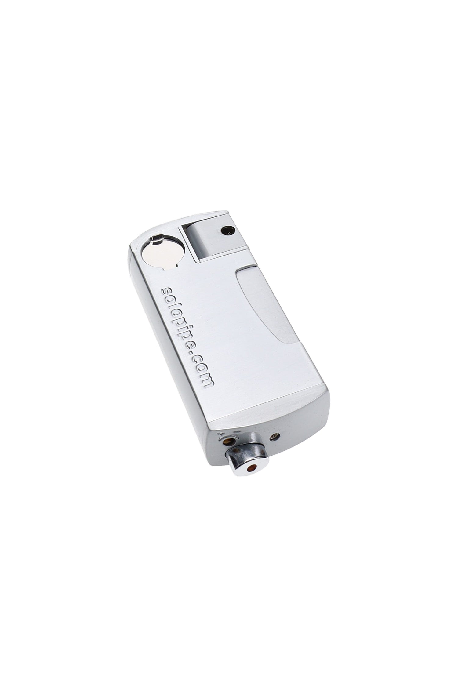 Chrome Solopipe original self-igniting pipe, integrated lighter and glass bowl insert, compact rectangular shape.
