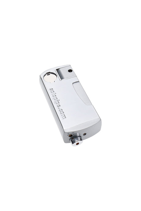 Chrome Solopipe original self-igniting pipe, integrated lighter and glass bowl insert, compact rectangular shape.