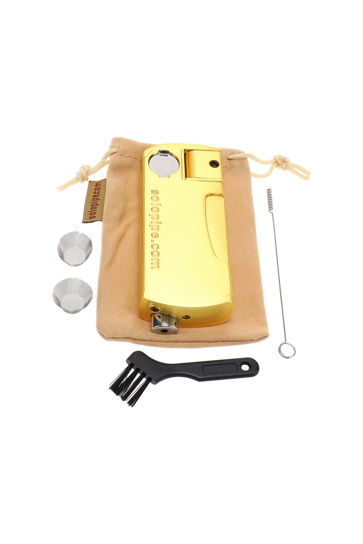 Gold Solopipe self-igniting hand pipe shown with case, brush, poker, and metal screens, compact 3.5-inch design on white background.